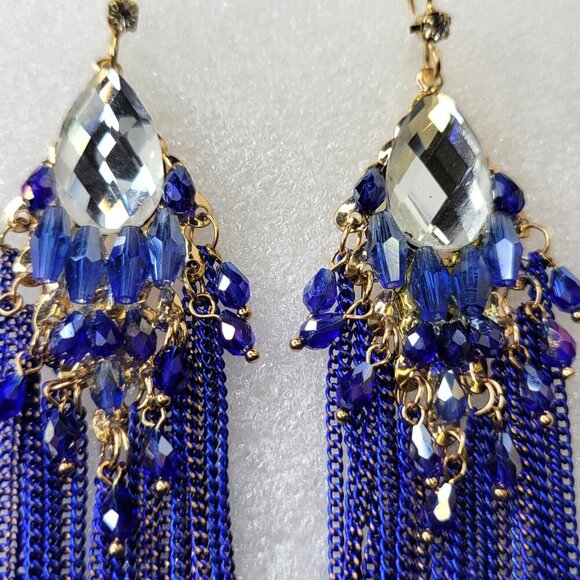 Blue Crystal Long Tassel Earrings - Picture 3 of 7
